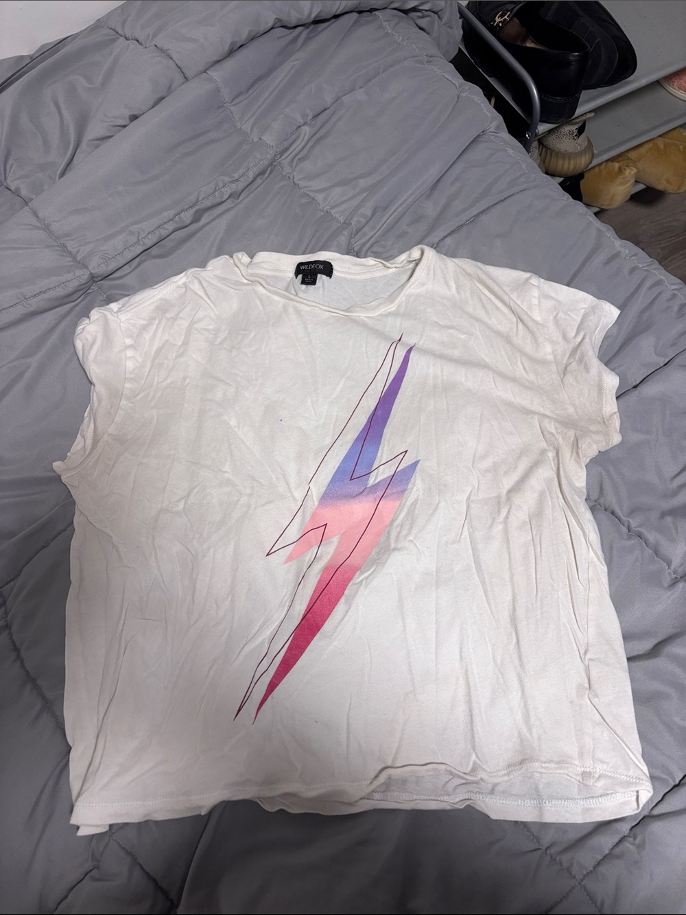 Wildfox White Tee with Pink-to-Purple Lightning Graphic